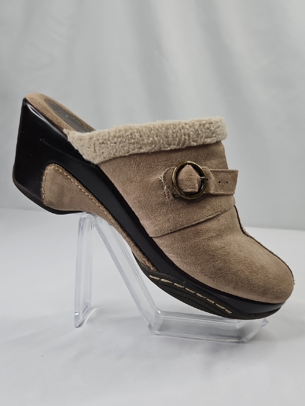 Rialto Vina Taupe Suede Shearling-Trim Mule with Buckle Size 8
